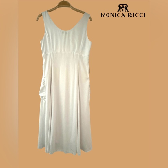 Monica Ricci White V-Neck Sleeveless Midi Dress with Tan Waist Sash - Picture 6 of 8